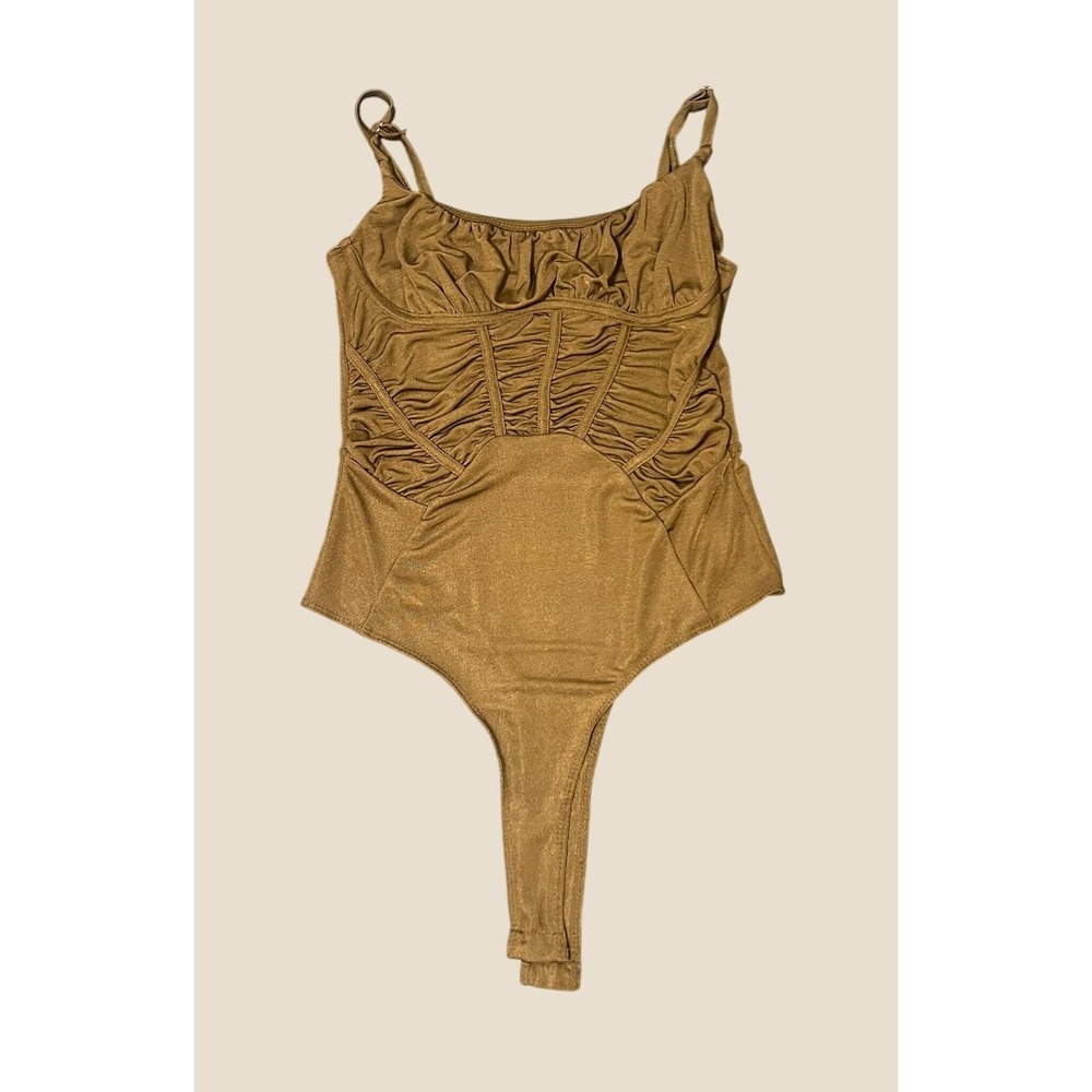 Forever 21 Bodysuit Womens Large Bronze Ruched Corset Metallic 1615